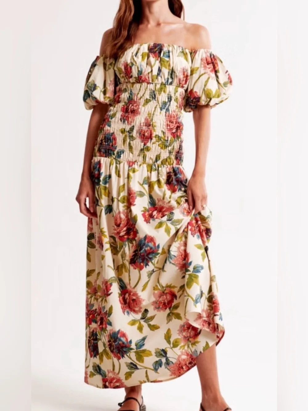 NWT Abercrombie & Fitch Smocked Drop-Waist Maxi Dress Floral Print Large